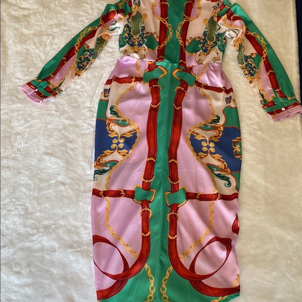 NWOT HER BOTTARI Vibrant Patterned Button-Up Shirt Dress Scarf Print Size L - Picture 13 of 16